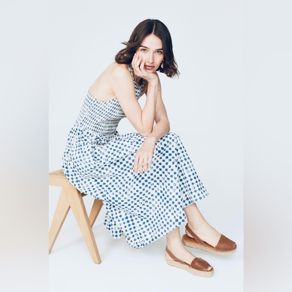 NWT Gorgeous Madewell Shibori Halter Tiered Midi Dress XS Blue and White